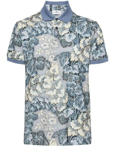 Etro Pegaso-embroidered Botanical-print Polo Shirt - Blue
