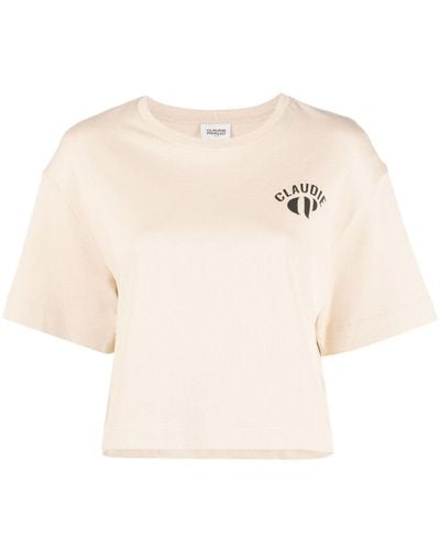 Claudie Pierlot Cropped-T-Shirt mit Logo-Print - Natur