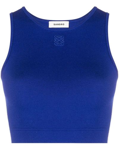 Sandro Logo-embroidered Ribbed Crop Top - Blue