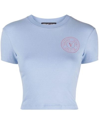 Versace T-shirt crop en coton à logo pailleté - Bleu