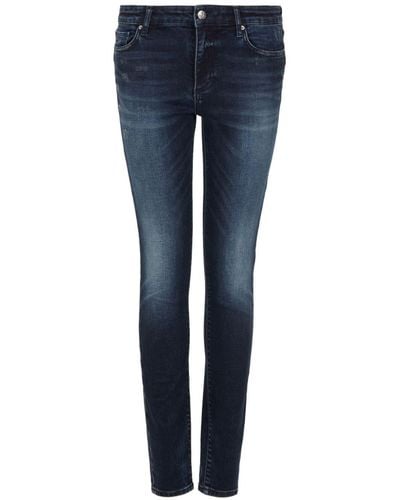 Armani Exchange Logo-appliqué Whiskering-effect Skinny-cut Jeans - Blue