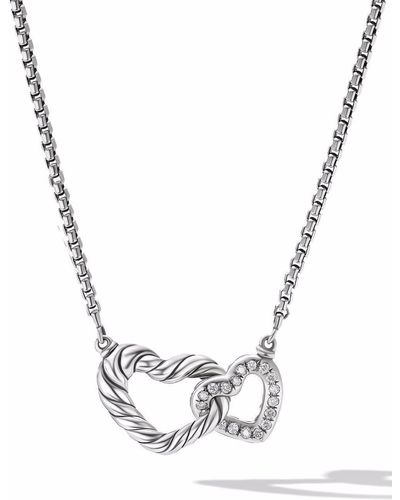 David Yurman Sterling Silver Cable Collectibles Double Heart Diamond Necklace - Metallic