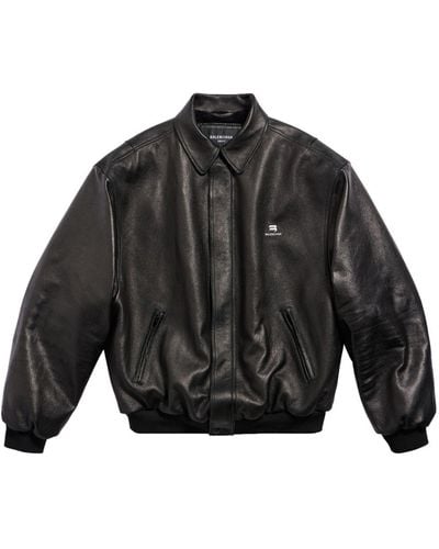 Balenciaga Logo-debossed Leather Bomber Jacket - Black