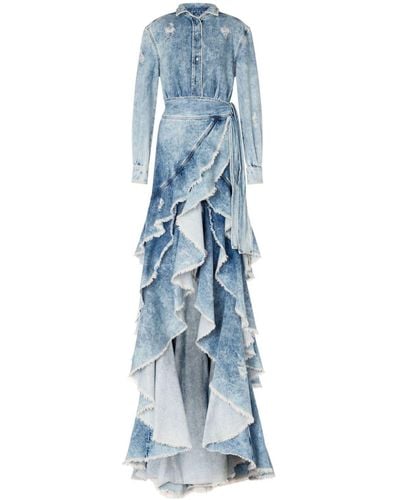 Moschino Ruffled Denim Long Dress - Blue
