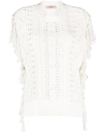 Twin Set Fringed Open-knit Top - White