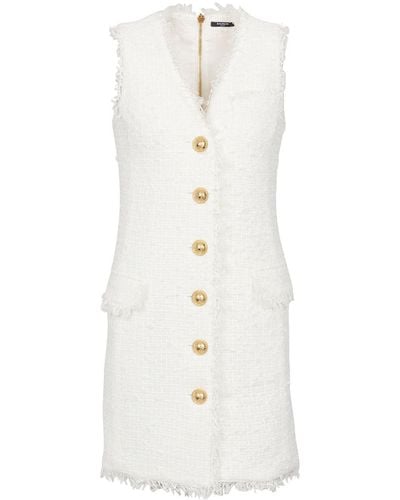 Balmain V-neck Buttoned Tweed Minidress - White