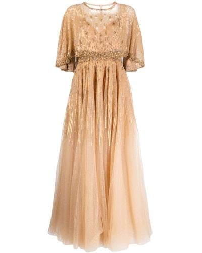 Jenny Packham Parisa Cape-effect Embellished Glittered Tulle Gown - Natural