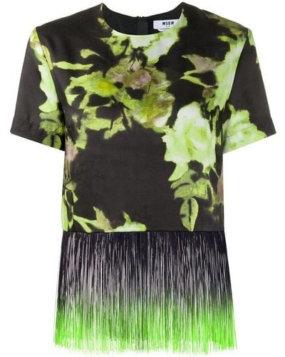 MSGM Camiseta con ribete con flecos y motivo floral - Verde