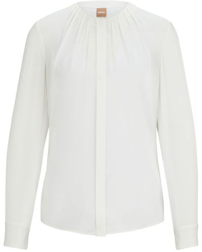BOSS Bluse mit gerafftem Ausschnitt - Weiß