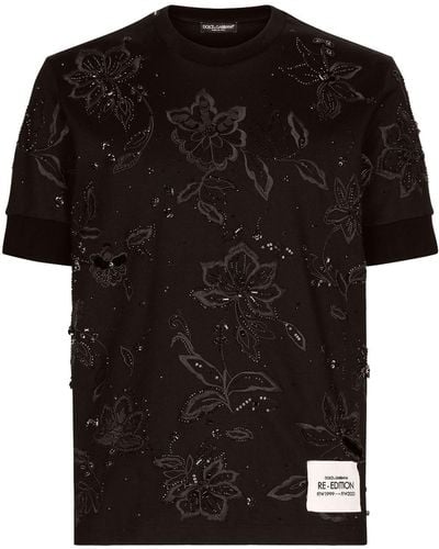 Dolce & Gabbana Floral-embroidered Cotton T-shirt - Black