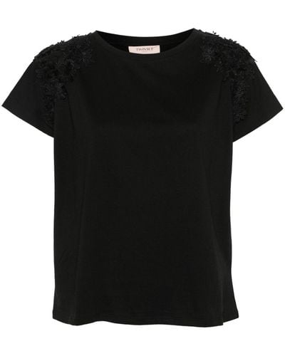 Twin Set Floral-appliqué Cotton T-shirt - Black
