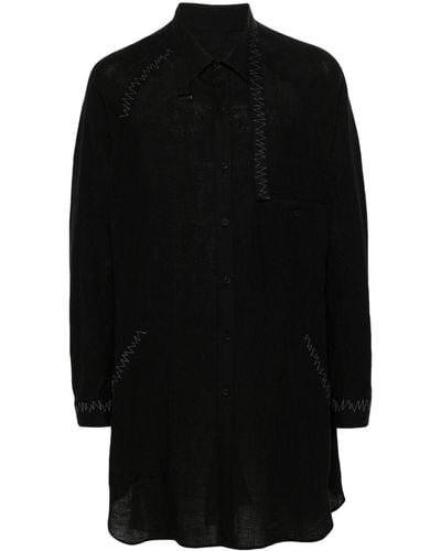 Yohji Yamamoto Zigzag-embroidery Linen Shirt - Black