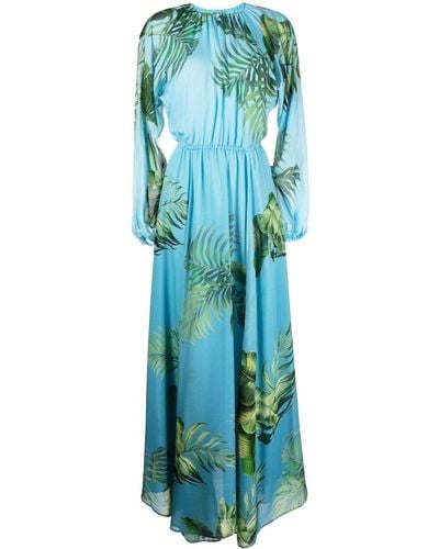 Cynthia Rowley Vestido largo con hojas estampadas - Azul
