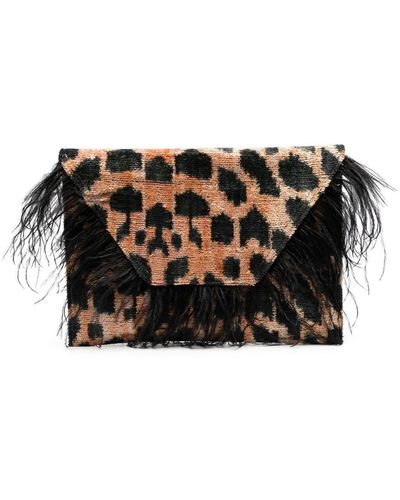 La Milanesa Pochette bordée de plumes à imprimé léopard - Noir