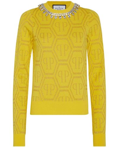 Philipp Plein Kristallverzierter Pullover mit Monogramm - Gelb
