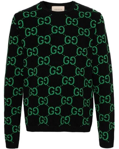 Gucci Monogram-intarsia Crewneck Wool-knit Sweater - Green