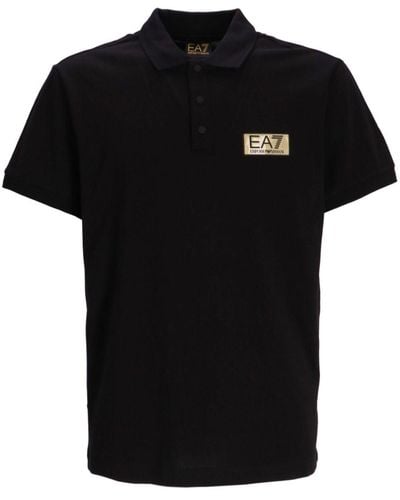 EA7 Logo-patch Cotton Polo Shirt - Black
