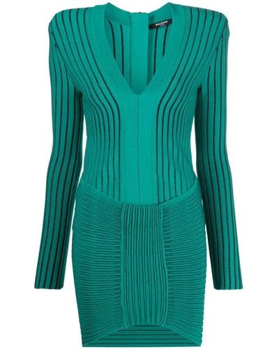 Balmain Geripptes Kleid mit V-Ausschnitt - Grün