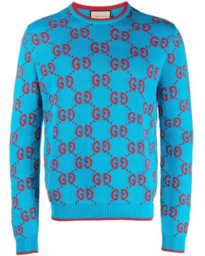 Gucci gg Intarsia Brei Cotton Jumper - Blauw