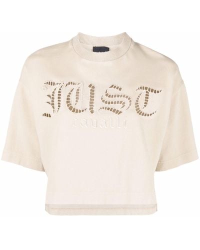 Just Cavalli Embroidered-logo Cropped T-shirt - Natural