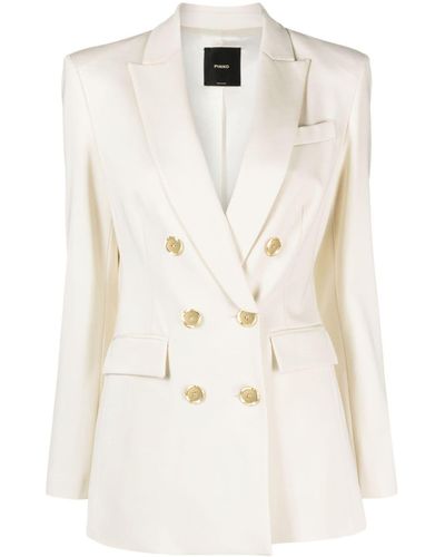 Pinko Engraved-logo Double-breasted Blazer - Natural