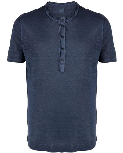 120% Lino Linnen T-shirt Met Ronde Hals - Blauw