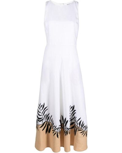 Loro Piana Botanical Print Linen Midi Dress - White