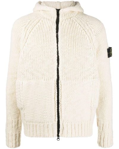 Stone Island Compass-patch Chunky-knit Cardigan - Natural