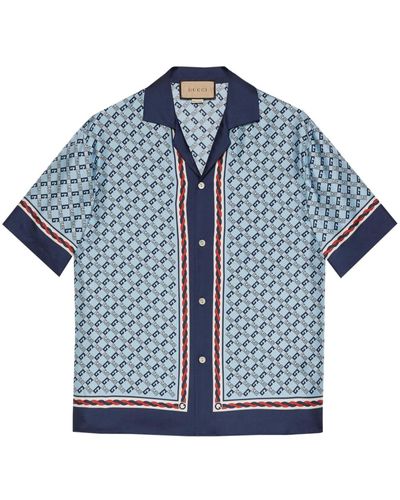 Gucci Camisa de Seda con G Cuadrada Geométrica - Azul