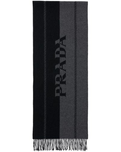 Prada Small Wool Scarf With Jacquard Logo - Black