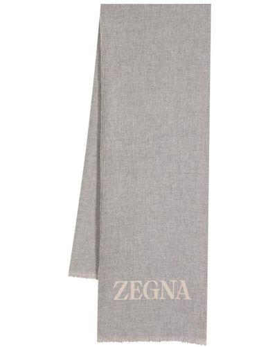 Zegna Logo-jacquard Frayed Scarf - Gray