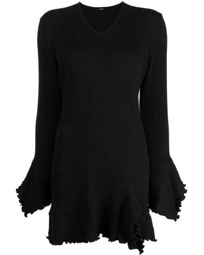 Goen.J V-neck Ruffle-trim Mini Dress - Black
