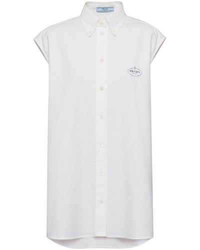 Prada Ärmelloses Oxford-Hemd mit Logo-Print - Weiß