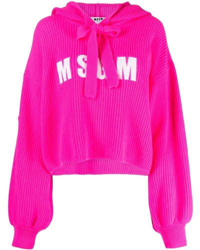 MSGM Logo-patch Wool-cashmere Hoodie - Pink