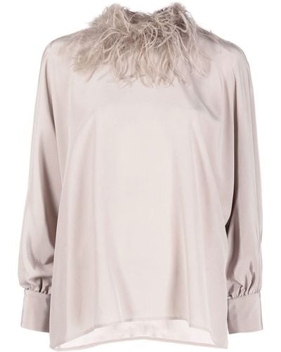 Styland Feather-trim Long-sleeved Blouse - Gray