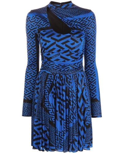Versace グレカプリント ロングスリーブ ドレス - ブルー