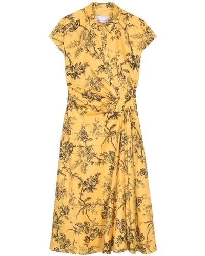 Carolina Herrera Floral-print Gathered Cotton Dress - Geel
