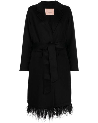 Twin Set Feather-hem Wool-blend Coat - Black