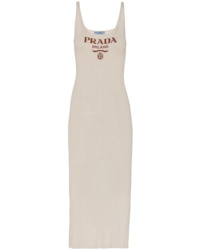 Prada Logo-intarsia Silk Midi Dress - White