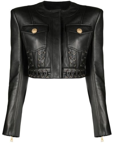 Balmain Lederjacke mit Ösen - Schwarz