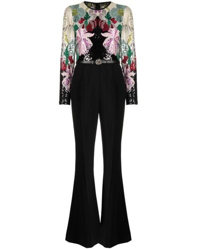 Elie Saab Floral-embroidered Flared Jumpsuit - Black