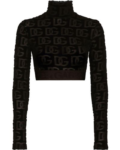 Dolce & Gabbana Logo Print Roll Neck Crop Top - Black