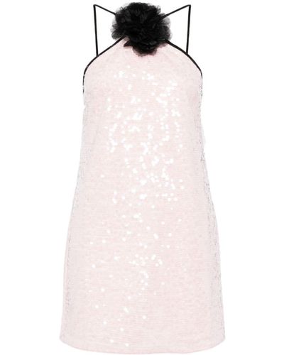 Self-Portrait Pale Pink Sequin Mini Dress From , With Thin Black Straps And Flower Detail On The Front.