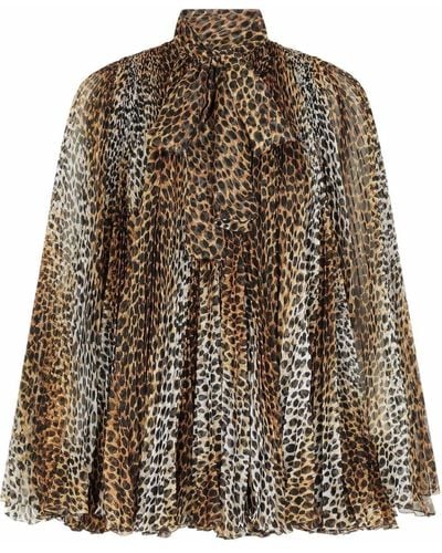Dolce & Gabbana Vestido corto plisado con estampado de leopardo - Marrón