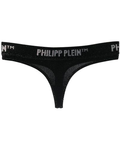 Philipp Plein Tanga con logo y aplique de cristal - Negro