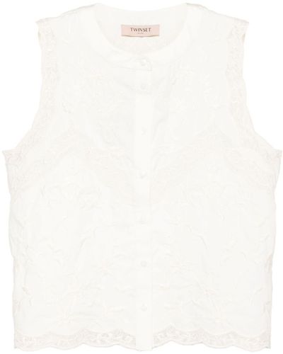 Twin Set Bluse mit Blumenstickerei - Weiß