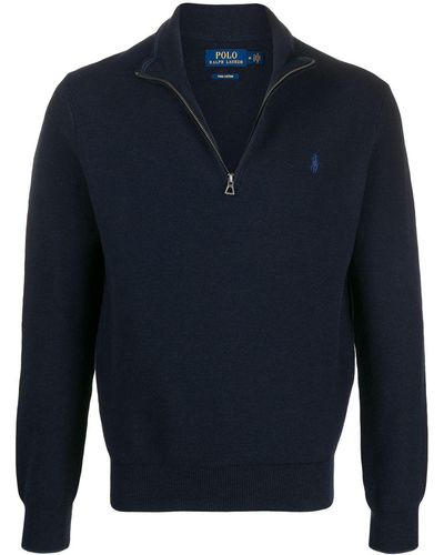 Polo Ralph Lauren Logo Embroidered Half-zip Sweater - Blue