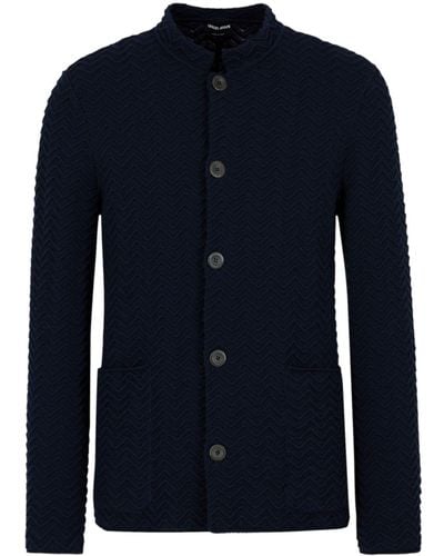 Giorgio Armani Zigzag-Embroidery Buttoned Cardigan - Blue