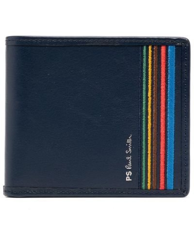 PS by Paul Smith Stripe-embroidered Bi-fold Leather Wallet - Blue