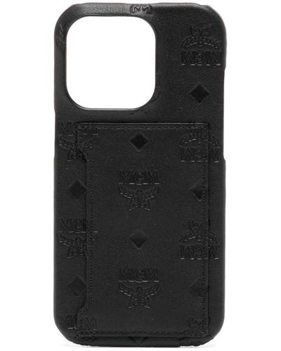 MCM Iphone 14 Pro Monogram Leather Case - Black